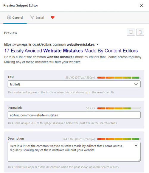 SEO Title and Meta Description edit panel