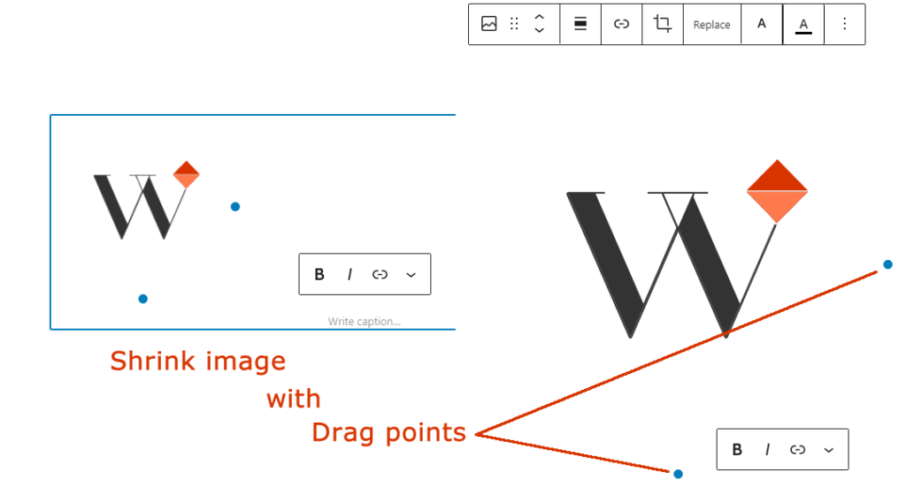 Drag points used to shrink an image